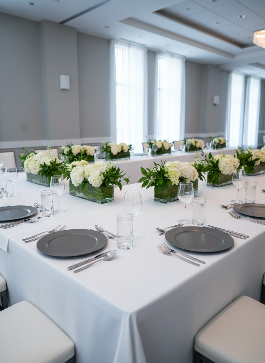 A perfectly set corporate event banquet table stretching into the distance in a neutral-toned venue. Crisp white linen drapes over the rectangular table, with evenly spaced matte porcelain plates, brushed stainless steel cutlery, and clear crystal glassware aligned with precision. Low, elongated centerpieces of white hydrangeas and greenery run down the middle in rectangular glass vases. The background reveals clean architectural lines, soft grey walls, and tall, sheer-draped windows. Cool, even overhead lighting combines with subtle natural daylight, creating a balanced, shadow-free scene. Captured at eye level from one corner of the table using a wide-angle lens, the composition emphasizes symmetry and depth. The atmosphere feels polished, understated, and professional, in a clean, modern photographic style suited for a high-end event planning brand.