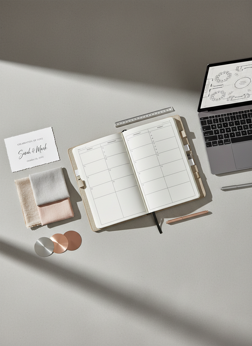 A meticulously arranged event planning flat lay on a smooth light grey concrete tabletop. At the center, an open linen-textured planner displays a clean weekly layout with neatly aligned timelines. Surrounding it are fabric swatches in muted champagne, dove grey, and soft blush, a small stack of matte invitation mockups with elegant typography, and polished metal color samples in silver and rose gold. A slim laptop with a minimalist event floor plan glows faintly to one side. Soft, diffused daylight from an unseen window casts gentle, even illumination, creating subtle shadows that emphasize clean lines. Shot from a true overhead bird’s eye view with sharp focus throughout, the mood is organized, professional, and calm, with a corporate, photographic realism aesthetic.