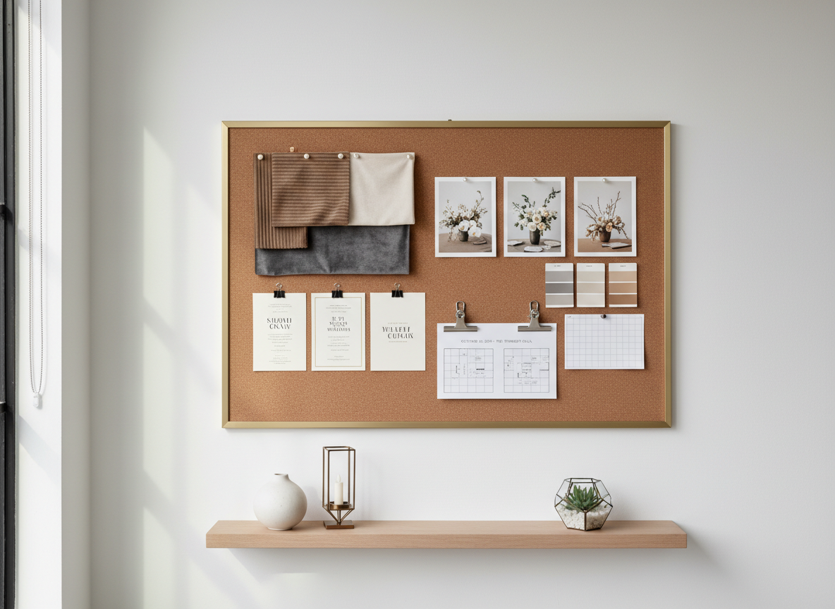 A sophisticated décor mood board mounted on a clean white wall in a design studio, dedicated to an upscale gala event. Neatly pinned samples include textured fabric swatches in taupe, charcoal, and ivory, printed mockups of minimalist invitations, small photographs of table centerpieces, and paint chips in complementary neutral tones. Thin metal clips hold a linear event timeline and a simple black-and-white floor plan. A narrow floating shelf below displays three carefully chosen objects: a matte ceramic vase, a metallic candle holder, and a small glass terrarium, all in neutral colors. Soft, indirect daylight from a high side window creates gentle gradients of light and shadow, emphasizing textures without clutter. Photographed straight-on at eye level with sharp focus, the image feels intentional, organized, and creatively professional, emphasizing structured event planning and décor concepts.