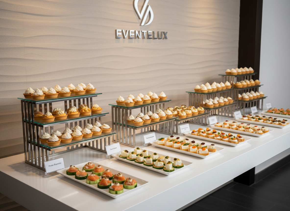 An elegantly styled dessert and catering display on a long, minimalist buffet table with a matte white surface. Tiered stands in brushed stainless steel present uniform rows of petite pastries and neutral-toned macarons, while rectangular white platters hold neatly sliced canapés and geometric hors d’oeuvres. Clear acrylic label holders stand discreetly in front of each grouping. Behind, a neutral backdrop wall features a subtle textured panel and a simple metallic logo plaque of an event company. Soft studio lighting from above and slightly to the side creates delicate highlights on glass and metal, with controlled, minimal shadows. Shot from a slightly elevated three-quarter angle, the composition focuses on order and balance, with selective focus leading the eye down the display. The mood is refined, corporate, and meticulously organized.