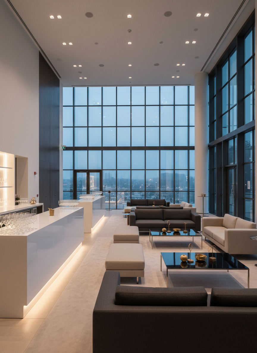 An exclusive event venue interior prepared for a high-end corporate reception, captured without any guests present. The spacious room features high ceilings, clean architectural lines, and large floor-to-ceiling windows framed in dark metal, revealing an abstract blurred cityscape outside. Neutral-toned lounge clusters with low-profile sofas in stone grey and taupe, glass-topped coffee tables, and subtle metallic accent pieces are arranged in clear, geometric groupings. Along one wall, a sleek white bar with integrated LED underlighting stands ready, with neatly arranged glassware. Cool, diffused evening light mixes with warm recessed ceiling lights, creating a balanced, polished glow with minimal harsh shadows. Shot from a wide-angle perspective at eye level, the composition emphasizes openness and flow. The overall mood is sophisticated, calm, and impeccably professional, with a clean, photographic realism aesthetic.