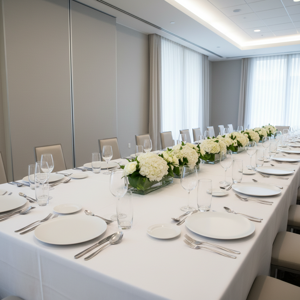 A perfectly set corporate event banquet table stretching into the distance in a neutral-toned venue. Crisp white linen drapes over the rectangular table, with evenly spaced matte porcelain plates, brushed stainless steel cutlery, and clear crystal glassware aligned with precision. Low, elongated centerpieces of white hydrangeas and greenery run down the middle in rectangular glass vases. The background reveals clean architectural lines, soft grey walls, and tall, sheer-draped windows. Cool, even overhead lighting combines with subtle natural daylight, creating a balanced, shadow-free scene. Captured at eye level from one corner of the table using a wide-angle lens, the composition emphasizes symmetry and depth. The atmosphere feels polished, understated, and professional, in a clean, modern photographic style suited for a high-end event planning brand.
