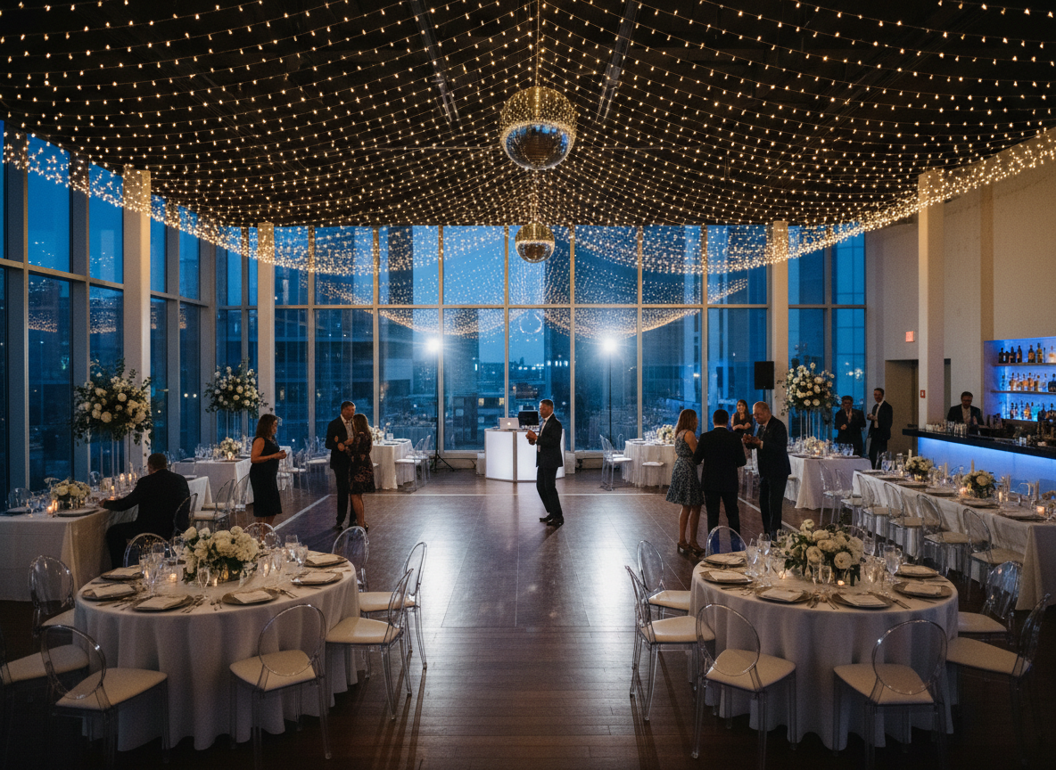 Modern indoor wedding reception with dance floor and string lights, photographed from a wide angle