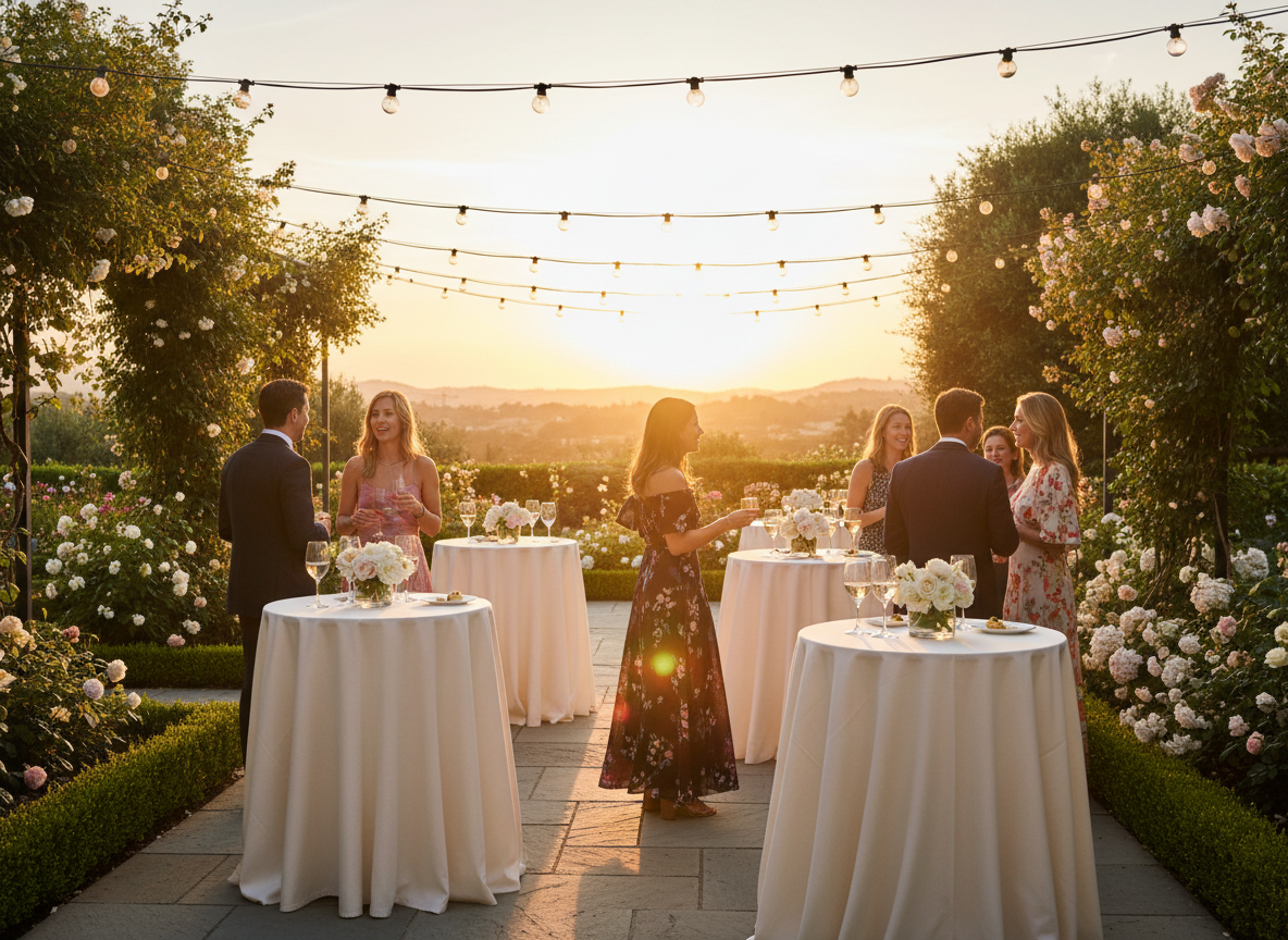 Outdoor garden party event at sunset with bistro lighting and cocktail tables, photographed in portrait orientation