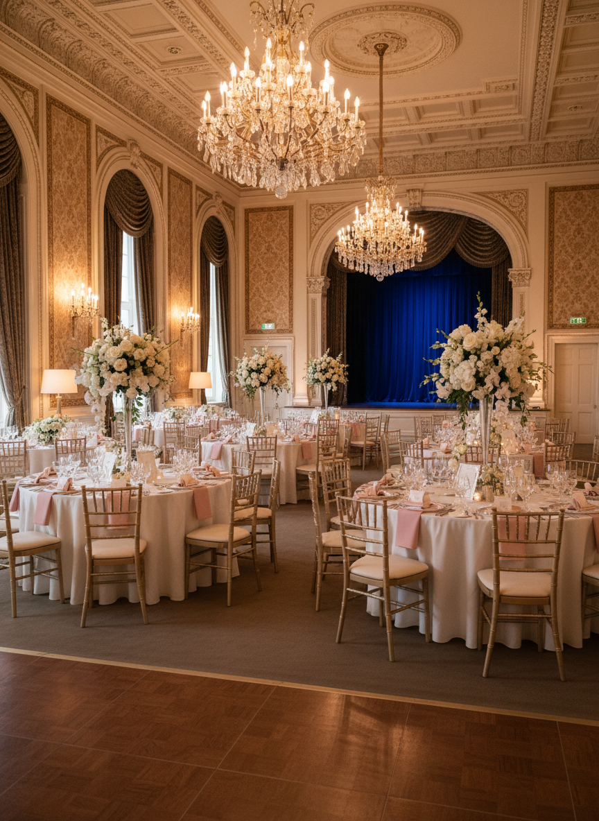 Elegant ballroom event venue with chandeliers and round tables set for a gala dinner, photographed in portrait orientation