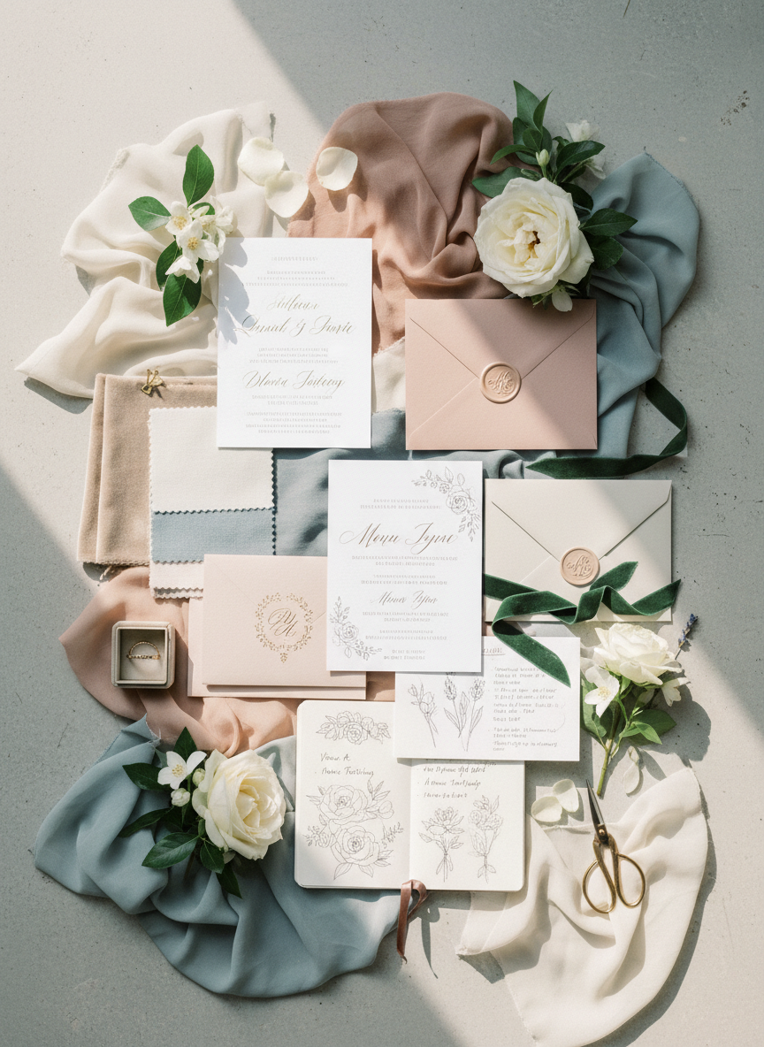 Event planning flat lay with invitation suites, fabric swatches, and floral stems for a wedding, photographed from overhead